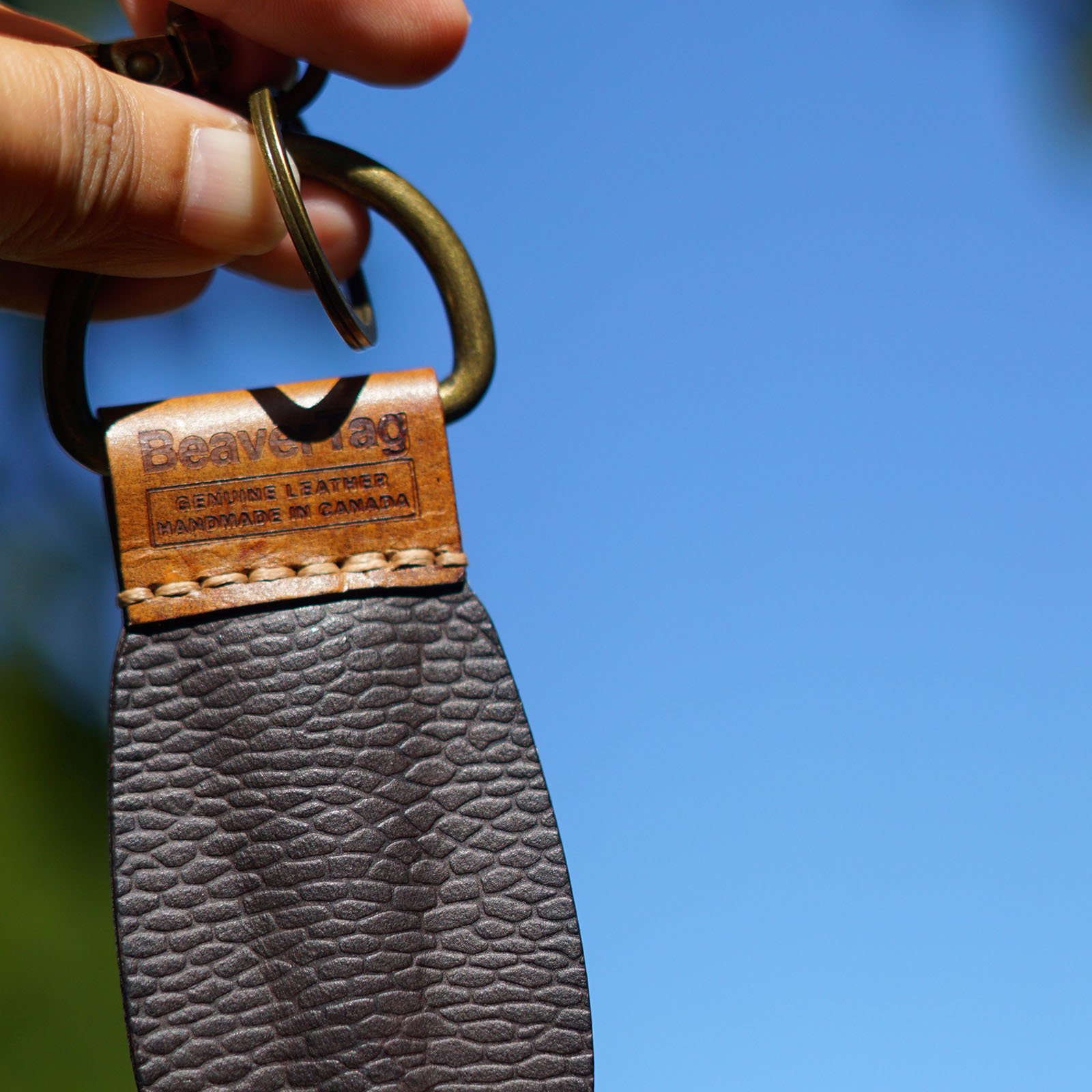 BeaverTag used as a keychain—compact, tactile, durable full-grain leather